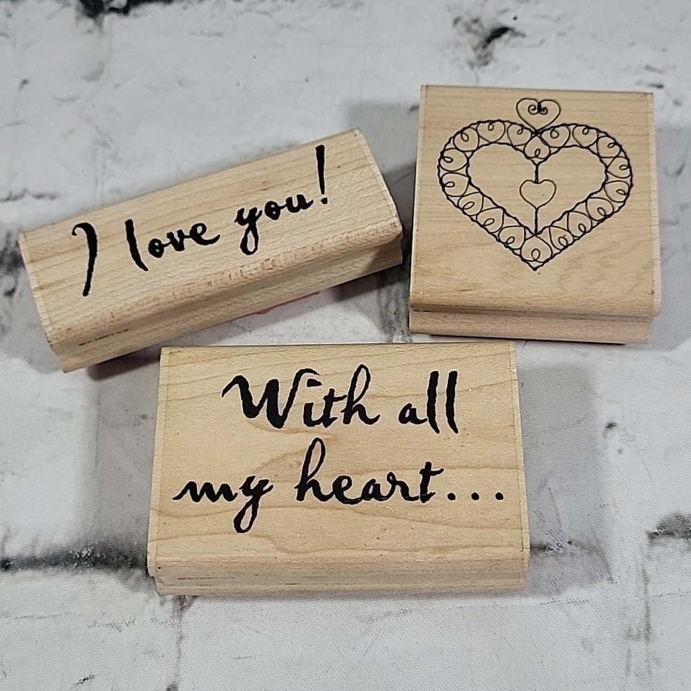Vintage CTMH Rubber Stamps Lot Of 3 I Love You - With All My Heart Wood Mounted